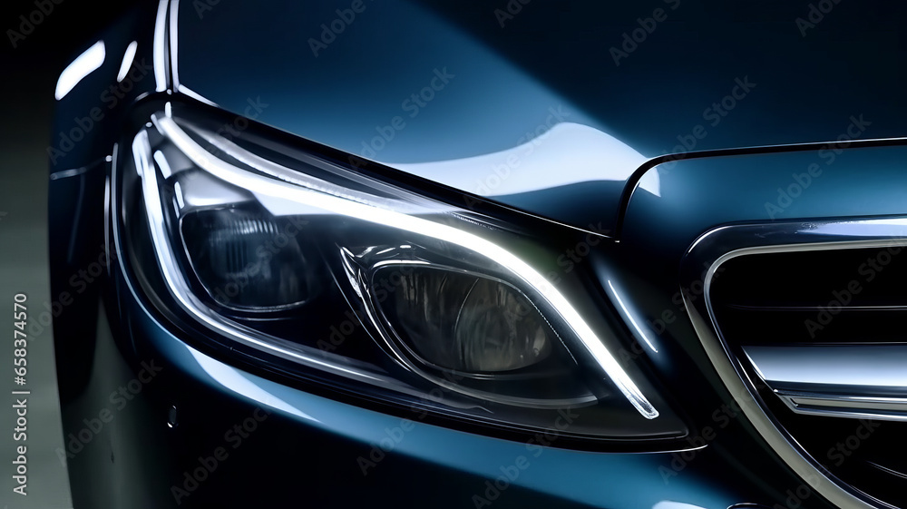 close up,Headlight by night. Front Car detail. The front lights of the luxury car. Car's light.