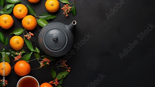  a tea pot surrounded by oranges and leaves on a black background. generative ai