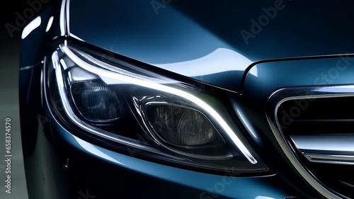 close up,Headlight by night. Front Car detail. The front lights of the luxury car. Car's light. © JKLoma