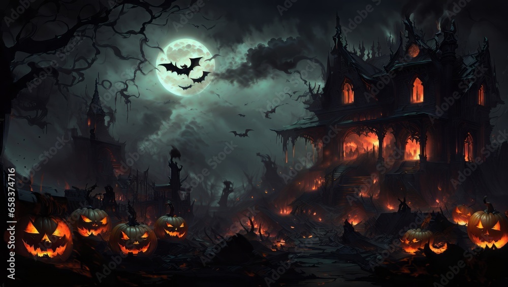 halloween night with pumpkins in flames terror moon vampires scary backgorund
