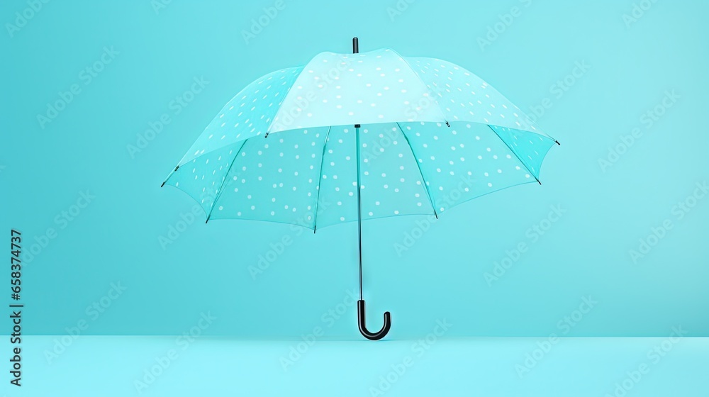  a blue umbrella with white polka dots on a blue background.  generative ai