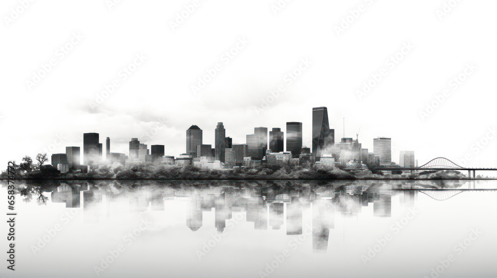 A black and white illustration of a city skyline Contrast between the dark silhouette of the buildings and the white background, Generative AI