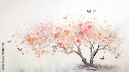  a painting of a tree with butterflies flying around the tree.  generative ai