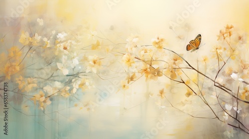  a painting of a butterfly on a branch with yellow flowers.  generative ai
