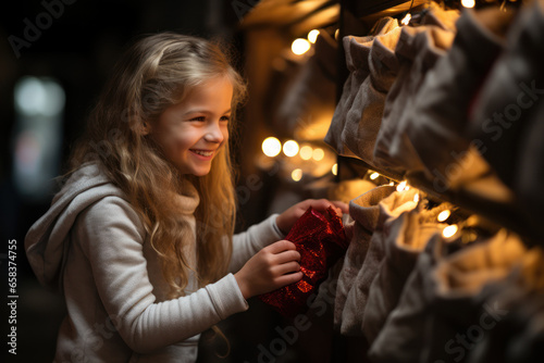 A child excitedly hanging a stocking by the fireplace in hopes of receiving small gifts. Generative Ai. photo