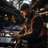 A solar industry worker holding a tablet in the sun