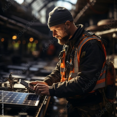 A solar industry worker holding a tablet in the sun