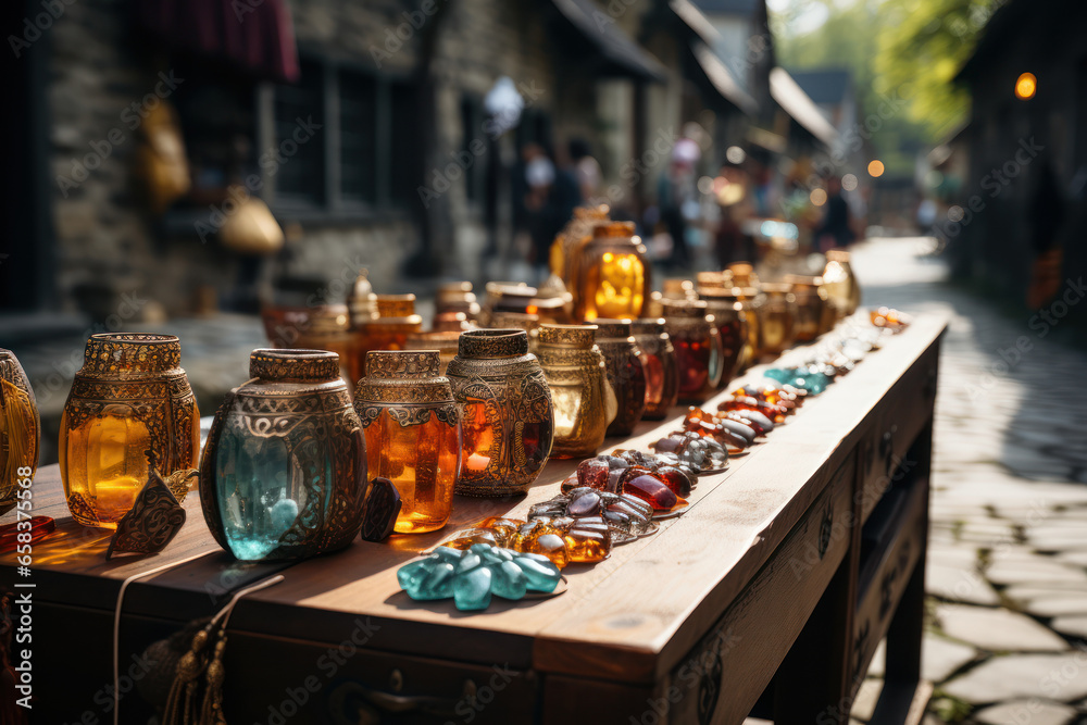 Street vendors selling traditional Polish souvenirs, including amber jewelry and wooden handicrafts. Generative Ai. Street vendors selling traditional Polish souvenirs, including amber jewelry and wooden handicrafts. Generative Ai.