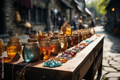 Street vendors selling traditional Polish souvenirs, including amber jewelry and wooden handicrafts. Generative Ai. photo