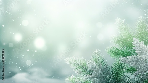  a green and white christmas background with snow flakes and pine needles.  generative ai © Nadia