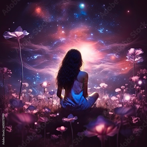 A woman is sitting in a cosmic field with romantic fantastic flowers under a starry sky. AI generated picture