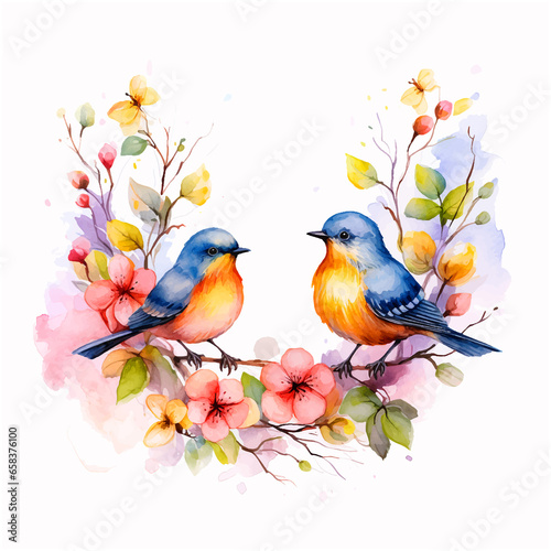  Two birds sitting on a flower branch watercolor paint