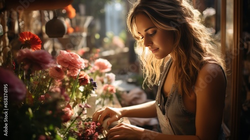 florist worker making bouquets and working in the store © carballo