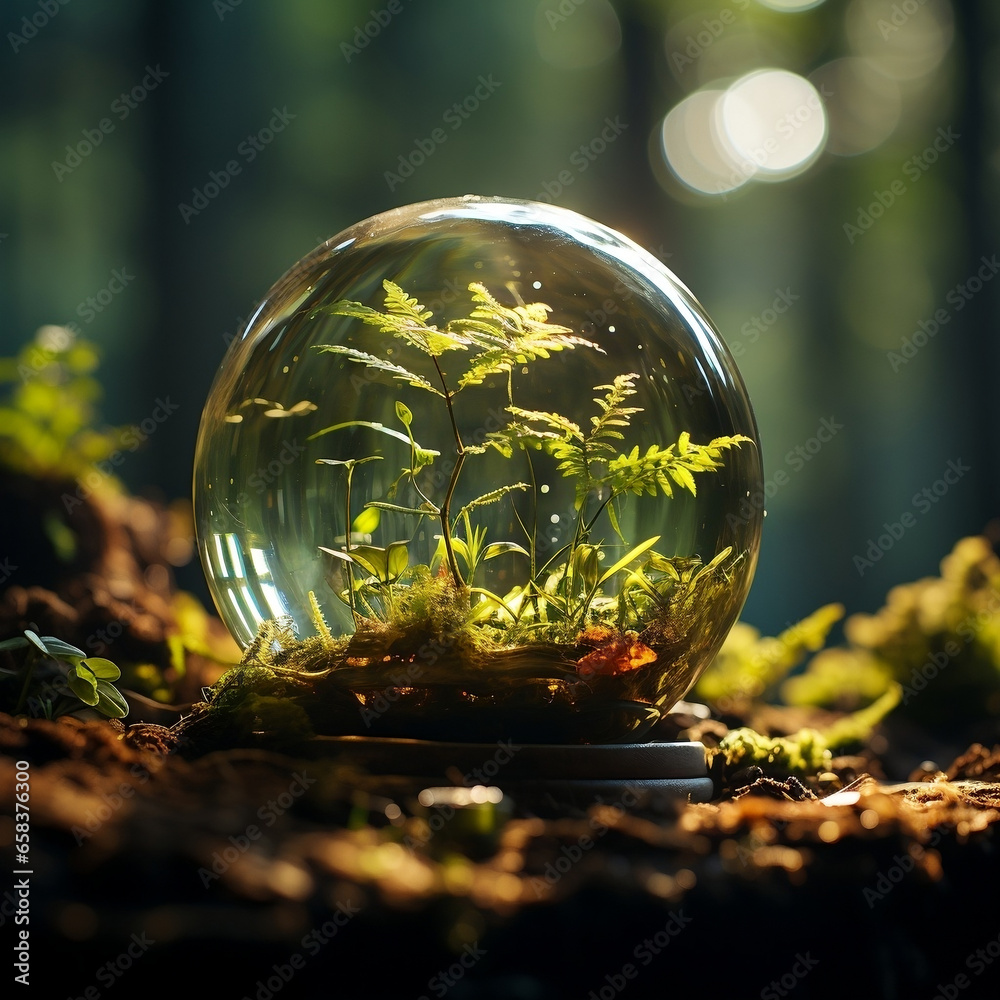 A small potted plant inside a glass bubble A small potted plant inside a glass bubble