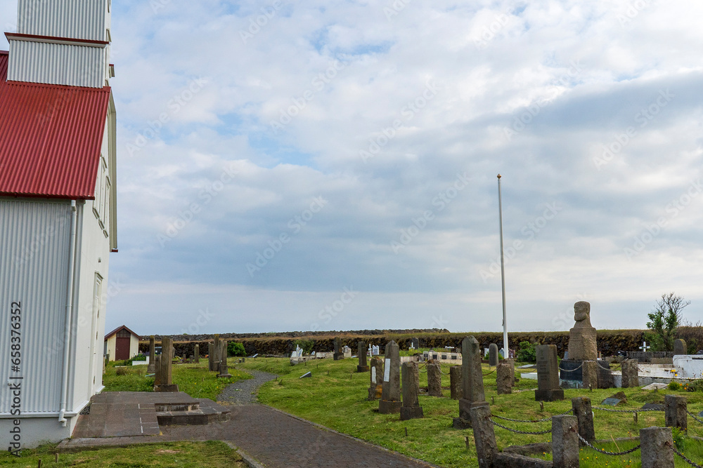 The village church in the town of Eyrarbakkakirkja (1890), Iceland with graveyard. The village church in the town of Eyrarbakkakirkja (1890), Iceland with graveyard.