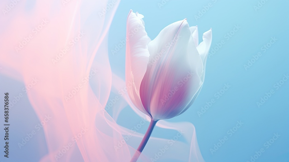  a single white tulip with a blue sky in the background.  generative ai