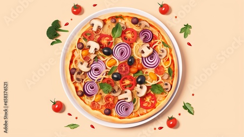  a pizza with onions, tomatoes, mushrooms and other toppings. generative ai