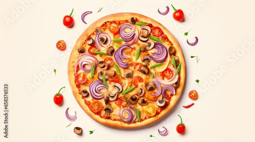  a pizza with onions, mushrooms, peppers and onions on it. generative ai