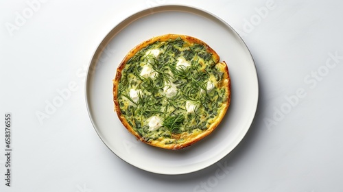  a small pizza with spinach on a plate on a table.  generative ai