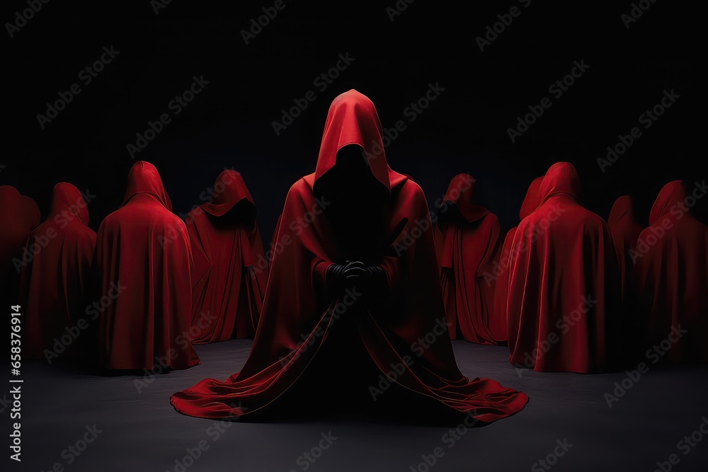 A Person In A Red Cloak Sitting In Front Of A Group Of Red Cloaks. Сoncept Person In Red Cloak, Mysterious Gathering, Secret Society, Hidden Identities. - obrazy, fototapety, plakaty 