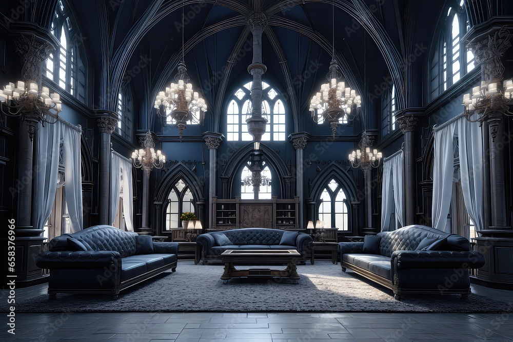 Fototapeta premium Interior Of Vast Vampire Castles Living Room. Сoncept Gothic Decor, Enchanting Ambience, Blood-Red Accents, Opulent Furnishings