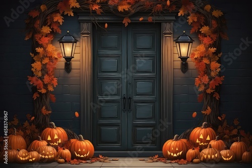 House Door Decorated For Halloween Or Thanksgiving, Adorned With Pumpkins And Autumn Holiday Decorations. Сoncept Halloween Decorations, Thanksgiving Door Decor, Pumpkin Decor