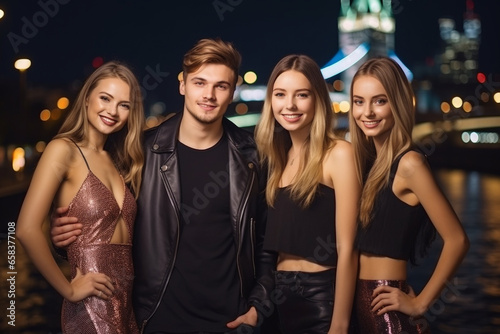 Lifestyle and friendship concept. Multi ethnic guys and girls spending time together. Happy life style friendship concept. Young multicultural people having fun time together in city. Generative AI