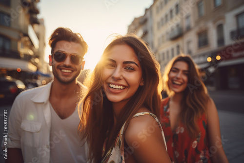 Lifestyle and friendship concept. Multi ethnic guys and girls spending time together. Happy life style friendship concept. Young multicultural people having fun time together in city. Generative AI