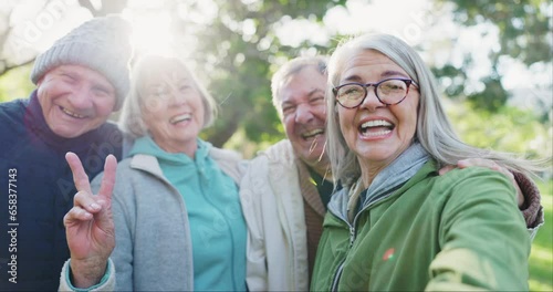 Peace sign selfie, face and senior happy friends bond together with reunion memory photo of old woman, man or club. Morning freedom, nature portrait or relax elderly group for winter profile picture