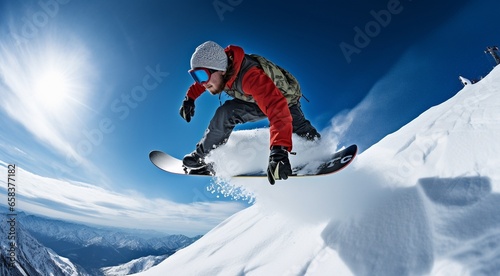 snowboarder jumping in the air, snowboarder jumping in the mountains, close-up of snowboarder doing tricks, snowboarder in the mountains, snowboarder on the snow