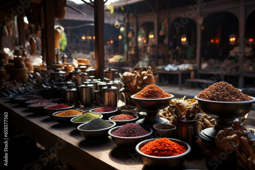 A traditional spice market in Marrakech  Morocco  with a kaleidoscope of fragrant spices and herbs. Concept of culinary delights in the Near East. Generative Ai.