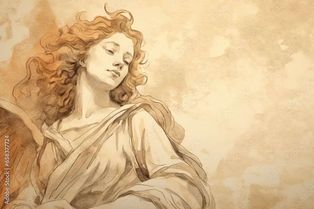 Naklejka premium Culture and religious concept. Paper pencil or charcoal sketch of an angel on yellow aged and grunge paper. Beautiful woman portrait with wings. Generative AI