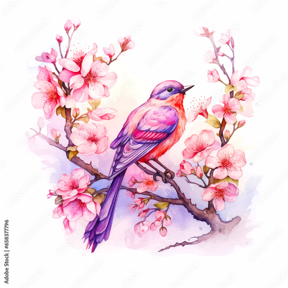 Fototapeta premium A bird sitting on a flower branch watercolor paint