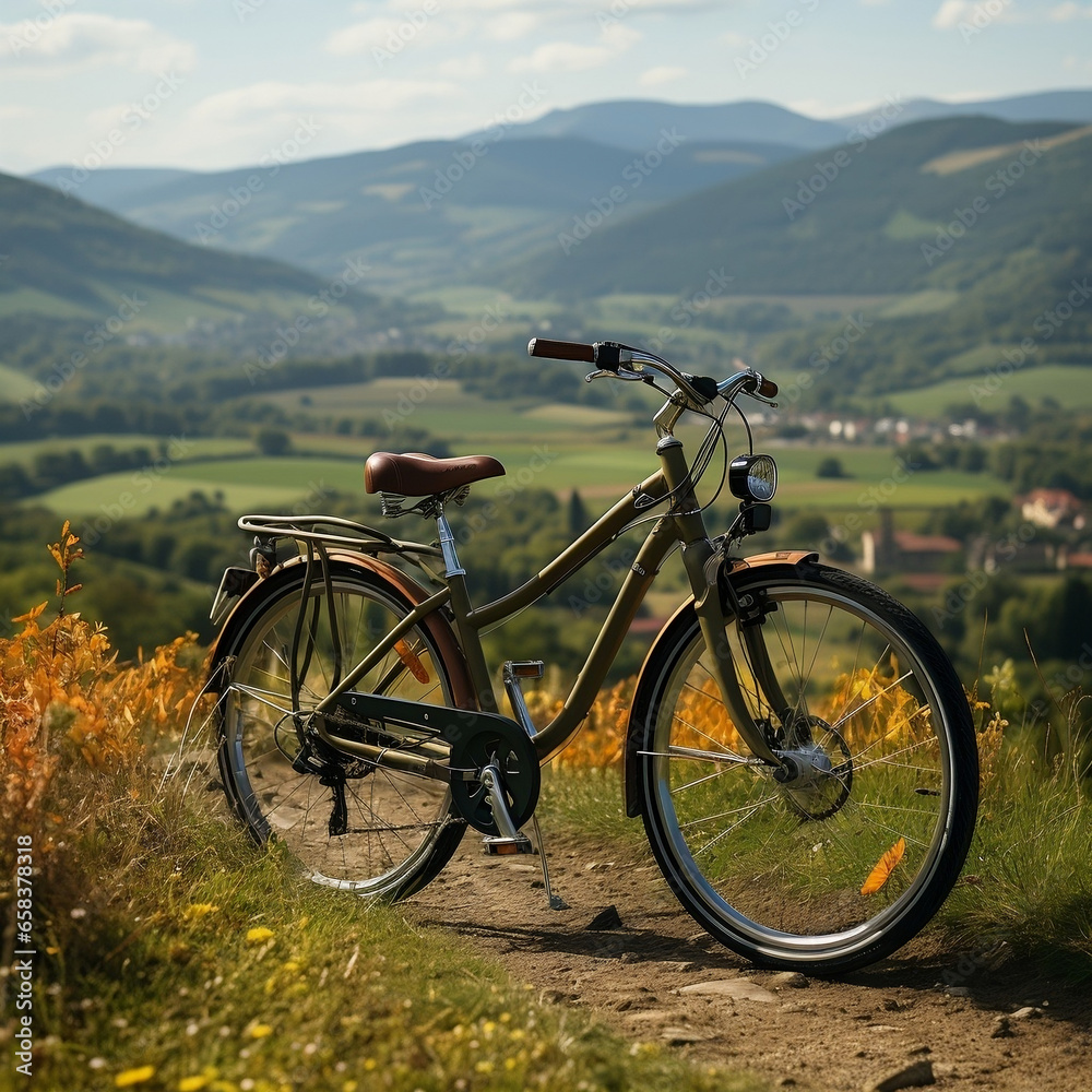 A small bicycle sits on top of a hill with hills in the background