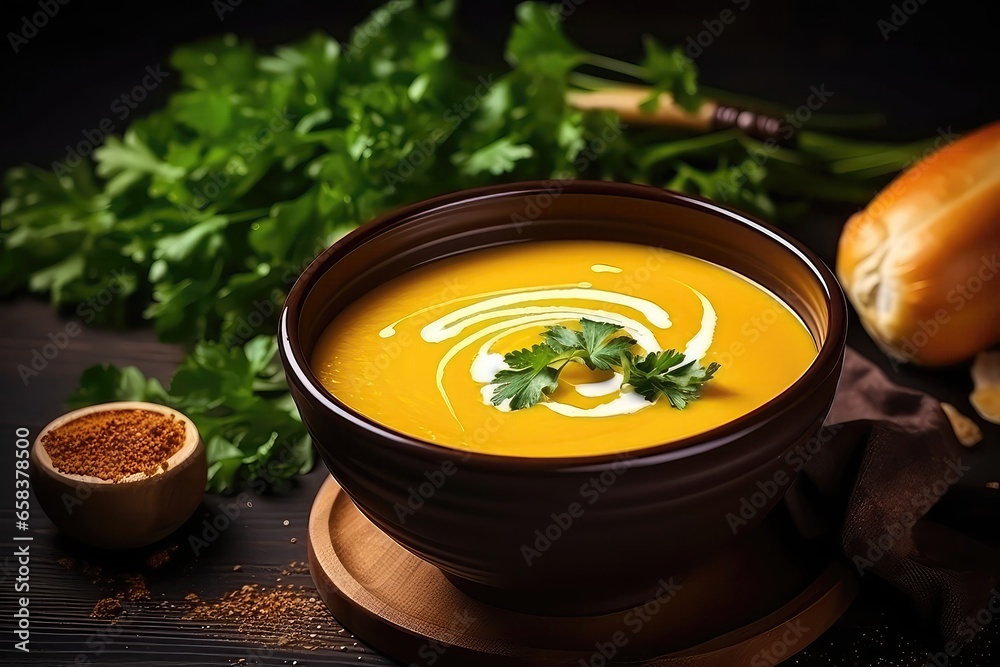 Pumpkin And Carrot Soup With Cream And Parsley, Presented On Dark Wooden Backdrop. Сoncept Pumpkin Soup, Carrot Soup, Cream Soup, Parsley Soup Pumpkin And Carrot Soup With Cream And Parsley, Presented On Dark Wooden Backdrop. Сoncept Pumpkin Soup, Carrot Soup, Cream Soup, Parsley Soup