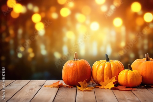 Pumpkins And Autumn Leaves Arranged On Wooden Planks With Copy Space, Set Against Background Of Bokeh Lights, Creating Fall And Halloween. Сoncept Fall Decorations, Halloween-Inspired Setup