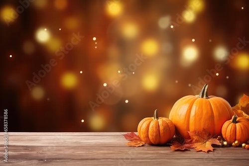 Pumpkins And Autumn Leaves Arranged On Wooden Planks With Copy Space, Set Against Background Of Bokeh Lights, Creating Fall And Halloween. Сoncept Fall Decor, Halloween Vibes, Pumpkin Arrangements