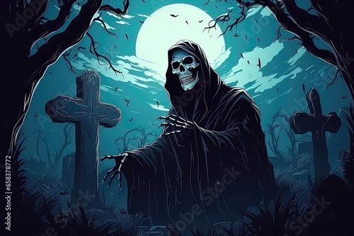 Skeleton King Grim Reaper In Haunted Graveyard, Digital Art. Сoncept Horror-Themed Digital Art, Skeleton King, Grim Reaper, Haunted Graveyard photo