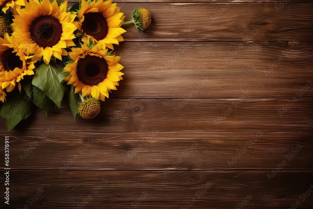 Obraz premium Sunflowers Displayed On Wooden Board, Adding Touch Of Sunshine To The Setting. Сoncept Floral Arrangements, Home Decor, Nature-Inspired Art, Summer Vibes