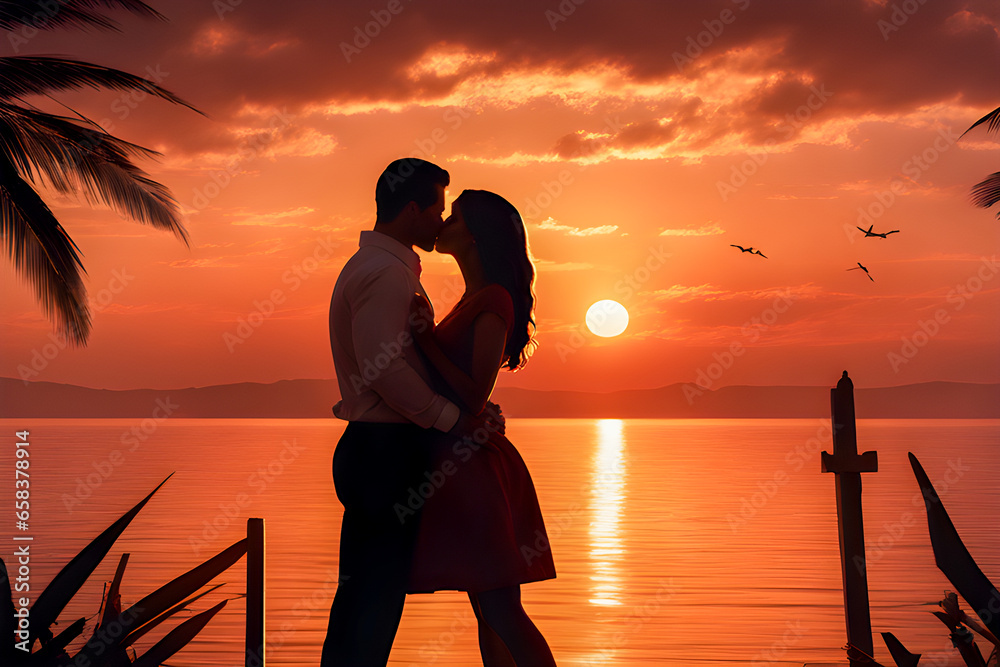 Image portraying an attractive couple sharing a passionate kiss against the backdrop of a stunning sunset, capturing the romantic and picturesque moment in exquisite detail. Ai generated.