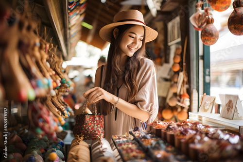 Young female tourist buys souvenirs from a local shop in Chiang Rai, Thailand. Support local products and economy Sustainable traveler sustainable tourism