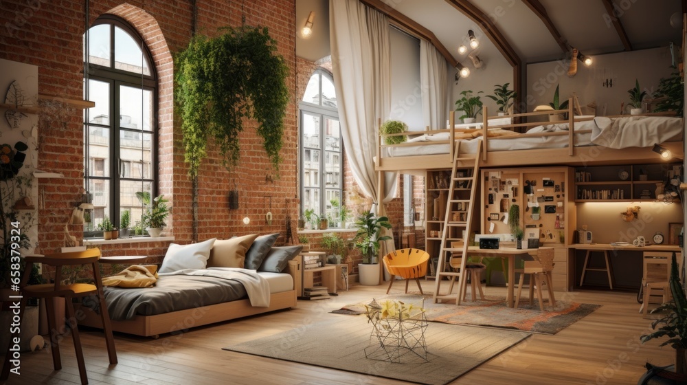 A living room with a loft bed and a lofted bed