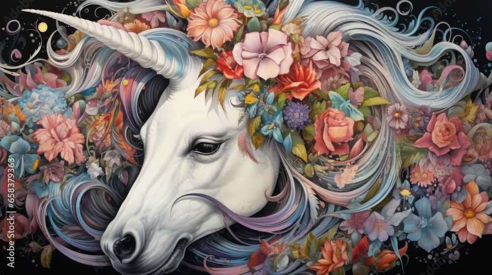 A painting of a unicorn with flowers on its head