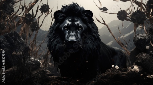 A black lion standing in the middle of a forest