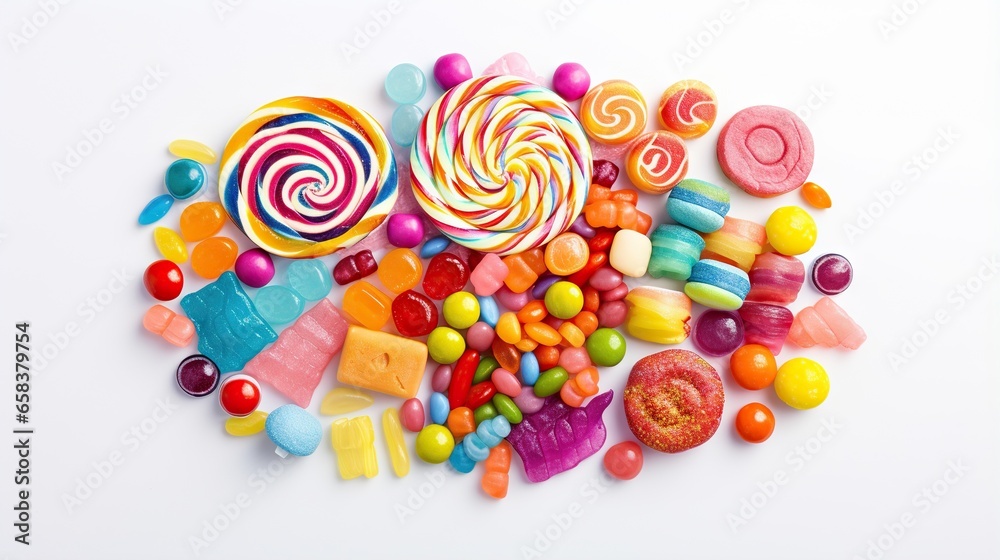  a pile of assorted candy on a white surface with a white background.  generative ai