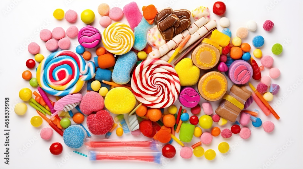  a pile of assorted candies and lollipops on a white background.  generative ai
