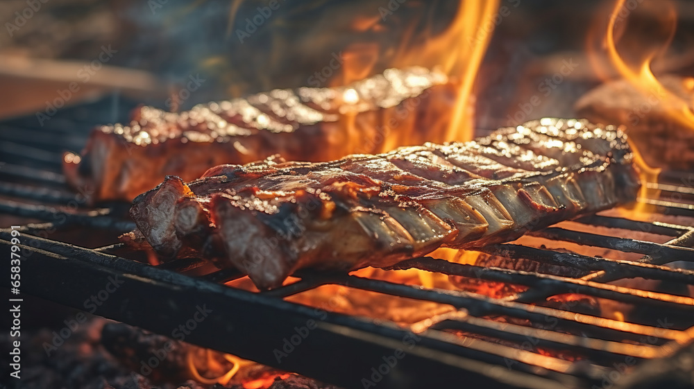 an outdoor photograph of a tasty delightful cow ribs on spit ground ...