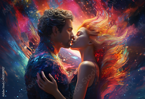 a couple is kissing in front of a colorful background, cosmic landscape, nebulae, psychedelic-inspired, Valentine's Day Concept