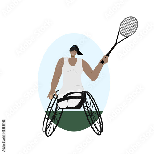 Three december world day of disabled people vector logo design. Woman in wheelchair playing tennis