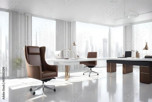 Craft a 3D rendering of a modern white office that emphasizes a tech-savvy atmosphere. Include elements such as large computer monitors, innovative gadgets, and high-tech accessories. Use creative lig